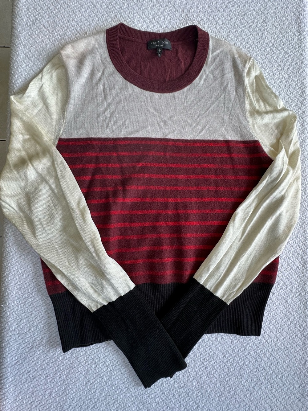 Merino Wool Maroon Striped Crewneck Sweater Size L
